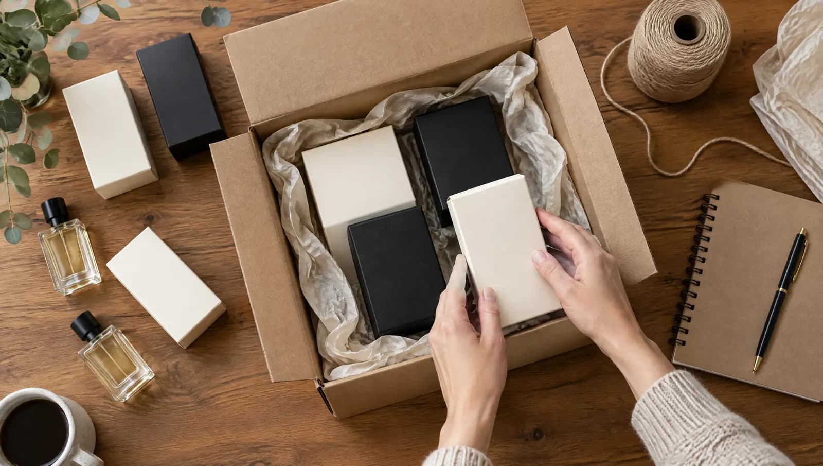 Cajas de perfume preparándose para un envío, sobre una mesa de madera